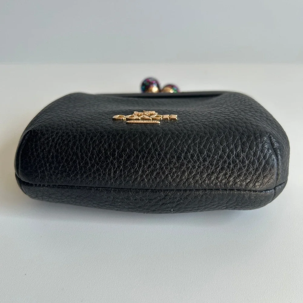 Coach Nora Kisslock Card Case Black Leather Glitter Wallet C2132